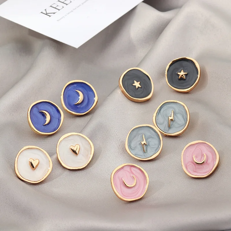 

New Fashion Alloy Moon Lightning Heart Shape Round Stud Earrings for Women, Colorful