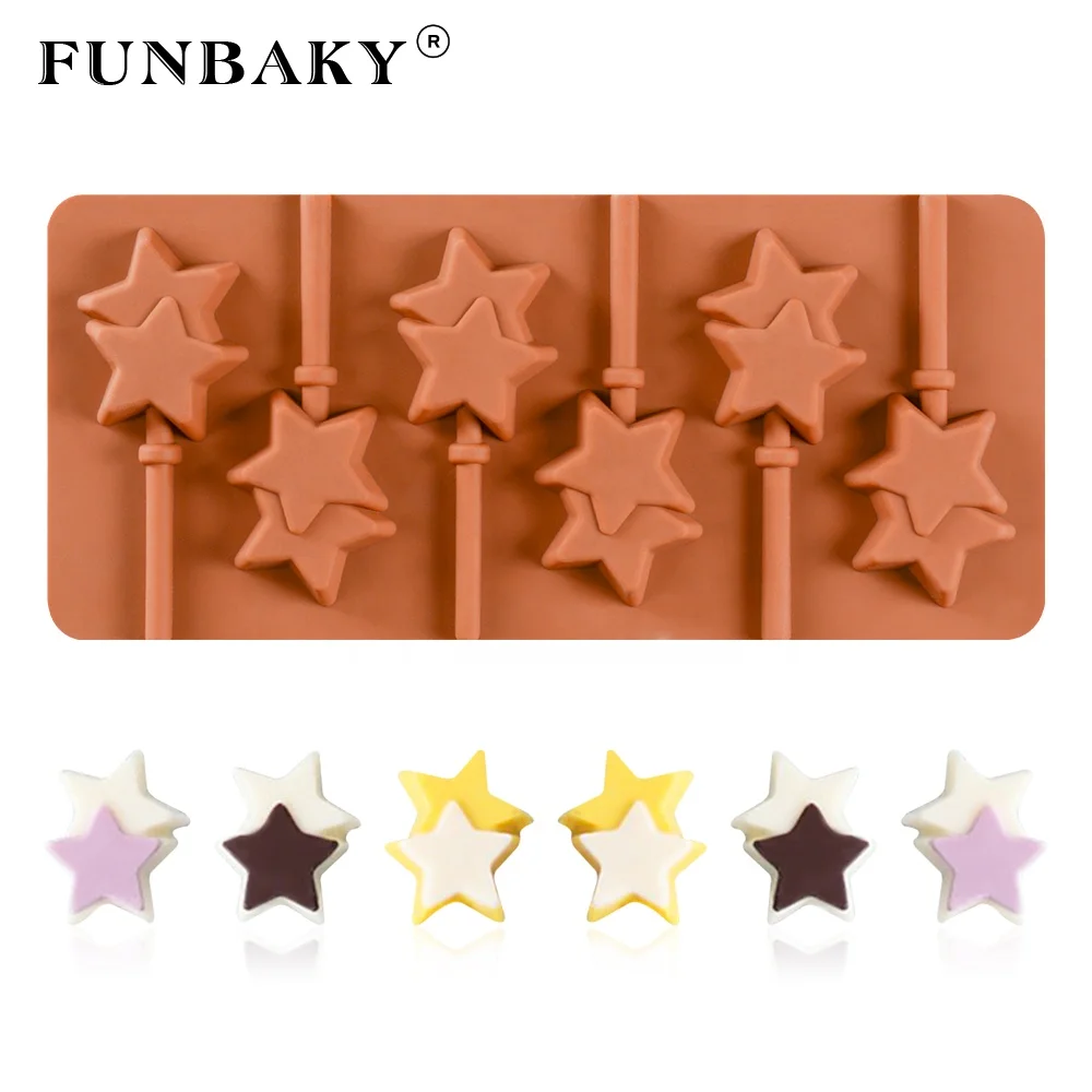 

FUNBAKY JSC1421 Candy silicone mold 6 cavity hard candy making tools new design double star shape lollipop mold for shape making, Customized color