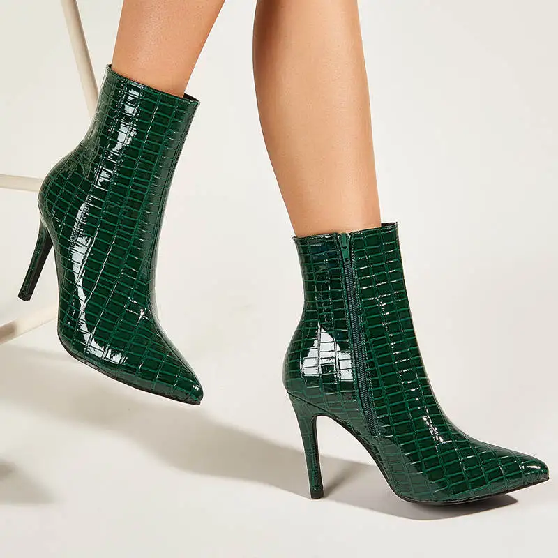 

DEleventh Shoes Woman New Design Brand Green PU Leather Plaid Pointy Toe Zippers Stiletto High Heels Ankle Boots Winter In Stock