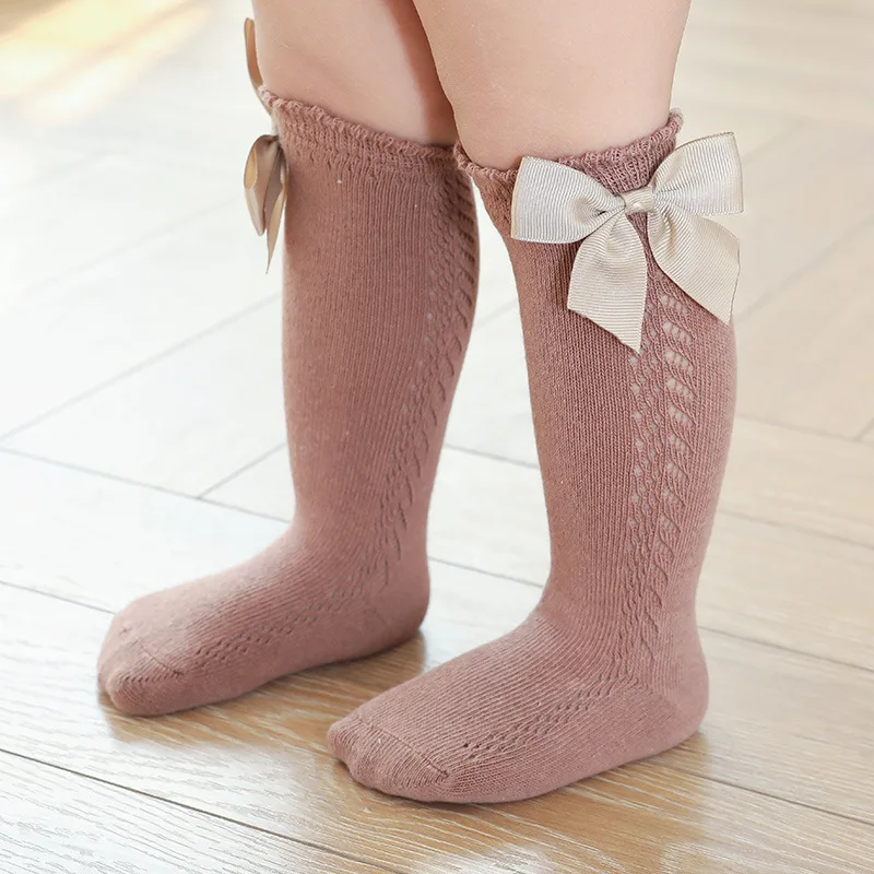 

2021 autumn new kids cotton socks mesh solid color calf socks baby girl bowknot knee high tube socks