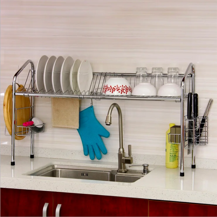 

90 cm long stainless steel sink kitchen tableware silver rack dish drain rack holder rack, Grey