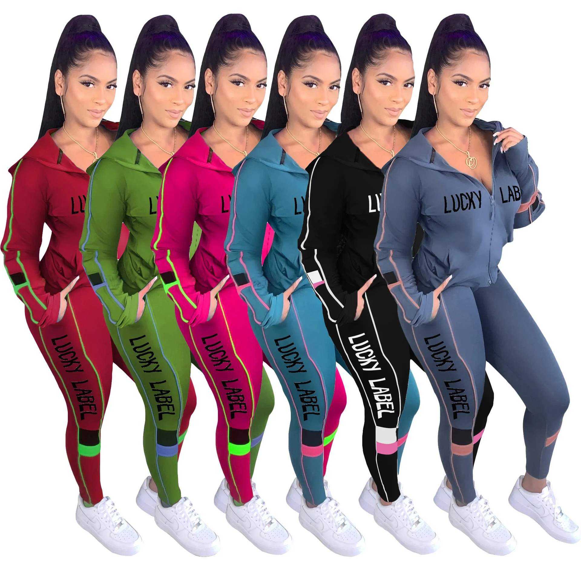 

casual Women Lucky Label Two Piece Set long sleeve zipper 2 Piece Set lucky label Outfits jogger Tracksuits hoodie sweatsuit