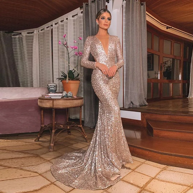 

New Fashion Mariee Long Backless Deep V Sequin Glitter Wedding Dress, Custom made
