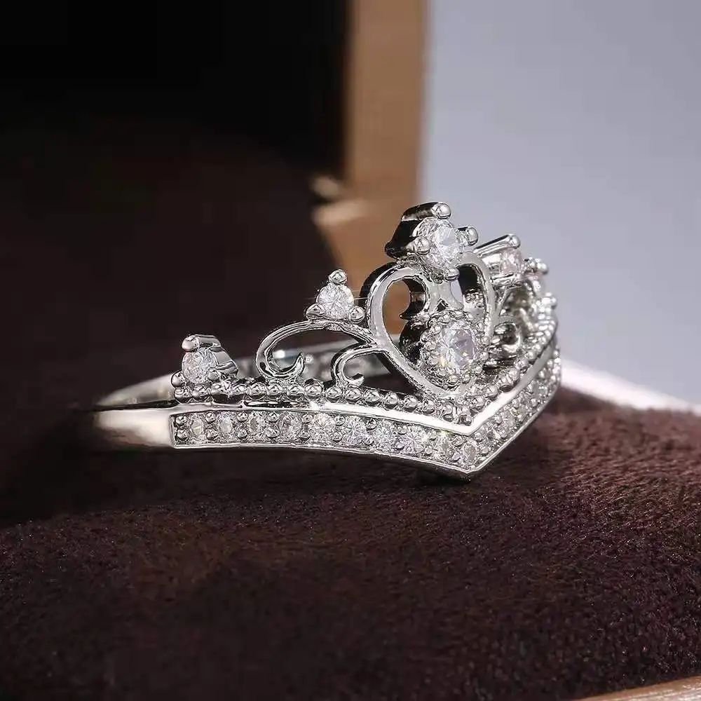 

Hot Selling High Quality Women Rose Silver Minimalist Crown Zircon Pure Copper Ring, Silver,rose