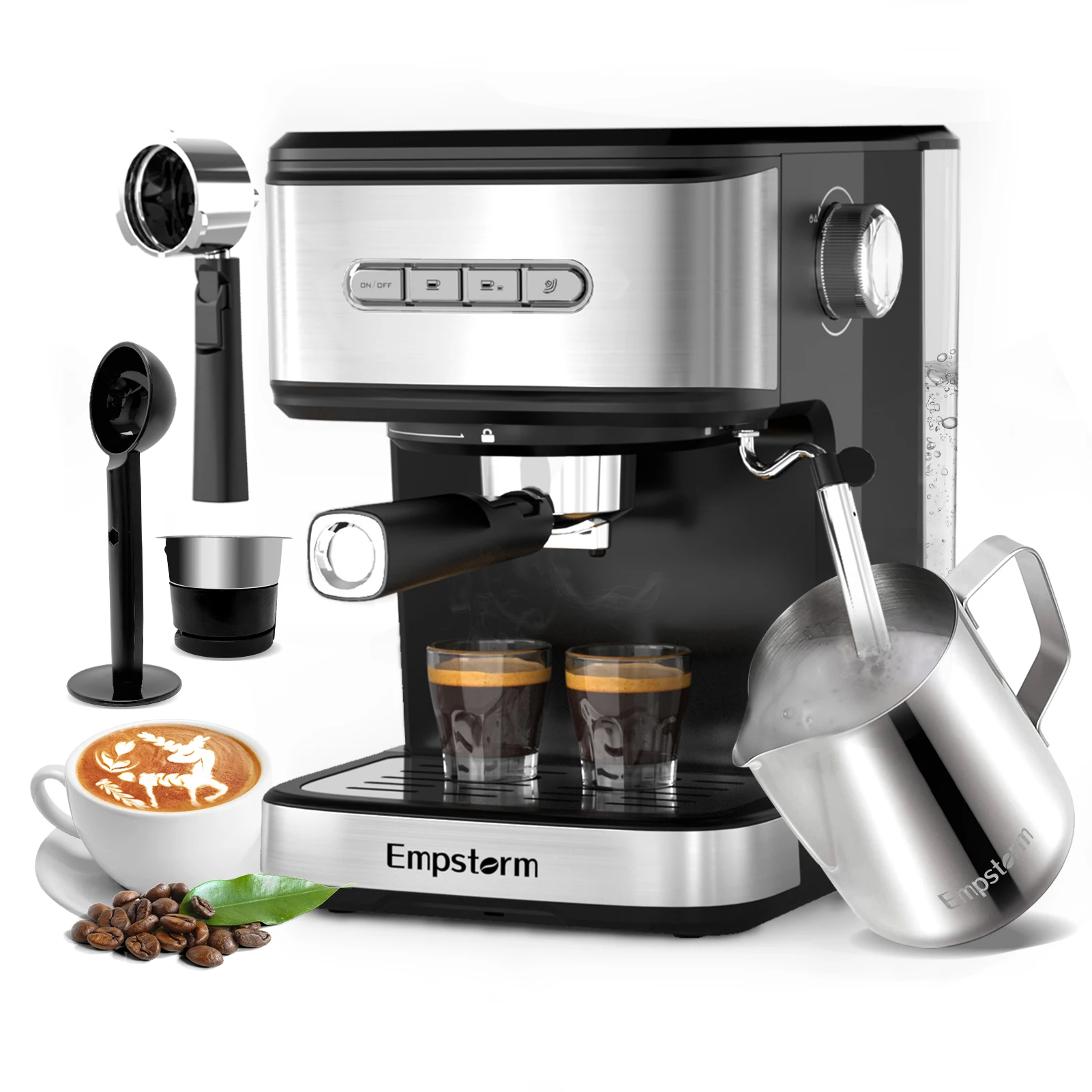 Empstorm 01E Espresso Machine 20 Bar Italian Manual Pump Espresso Machine with Milk Frother for Lattes and Cappuccinos