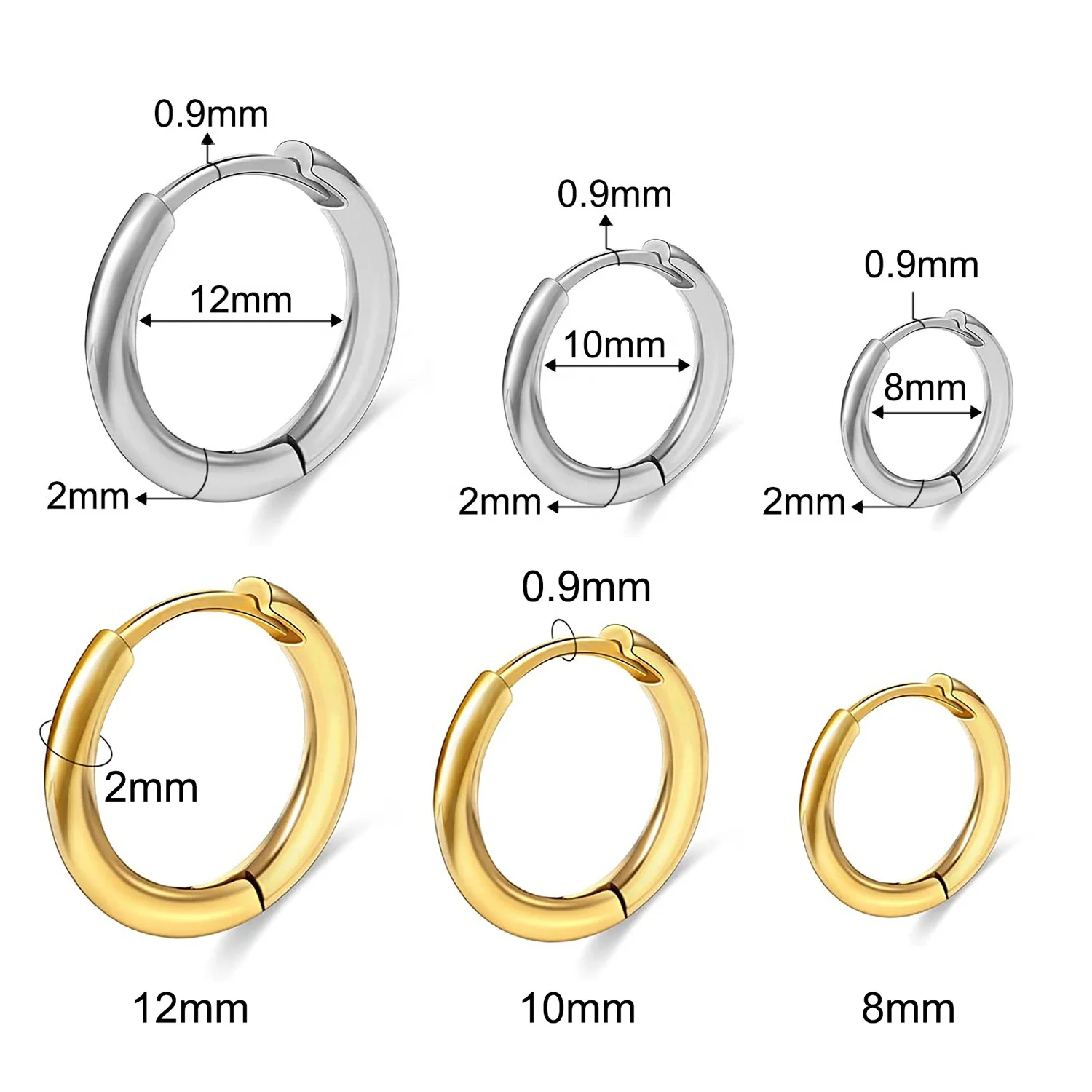 

18k Plated Stainless Steel Round Earrings Huggies Small Women Men Black Silver Hoop Earrings, Steel color,gold,blcak,rose gold