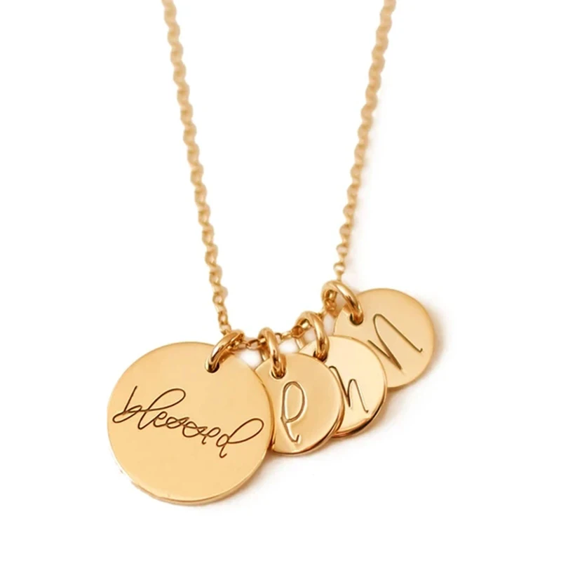 

Non Tarnish Jewelry 18k Gold Plated Stainless Steel Jewellry Schmuckt Vergolde Etch Alphabet Words Coin Pendants Name Necklace