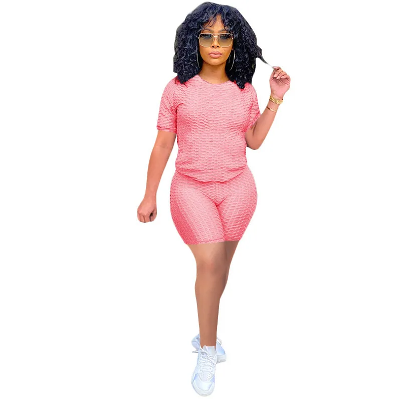 

Plus Size Wholesale Solid Color Sport Wear Jogger Suit Two Piece Set Women Clothing Short Sleeves Suit