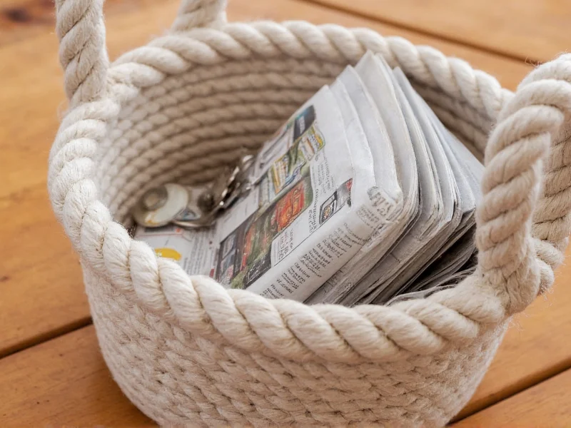 Newspaper rope basket holding keys and coins on wooden table