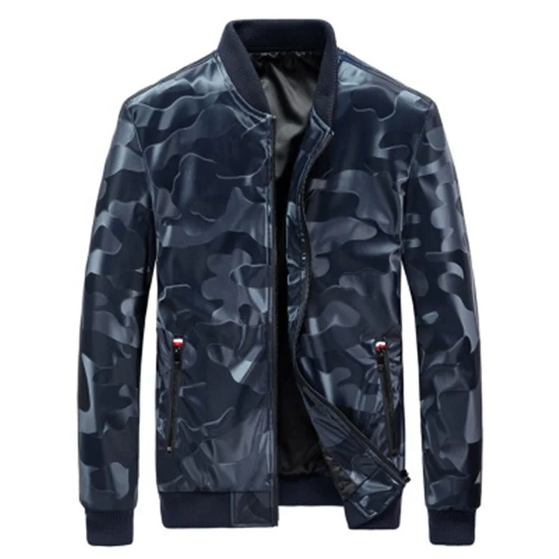 

Camouflage Leather Casual Turn-down Collar Men's Jackets, Black/dark blue