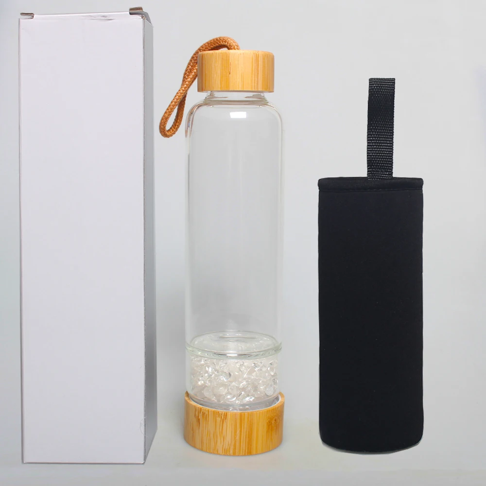 

Natural bamboo clear quartz crystal infused glass water bottle infused healing crystal water bottle