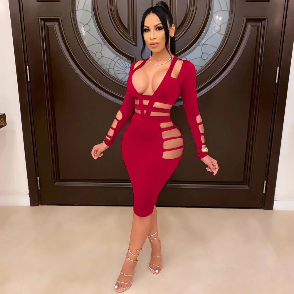 

F2282 Red Sexy Cut Out Bandage Long Sleeve Party Dress, As pictured