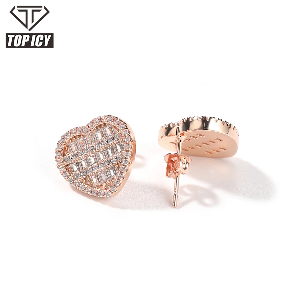 

CZ Baguette full iced Heart bling bling earring love zircon heart rose gold silver white gold women iced out earrings studs