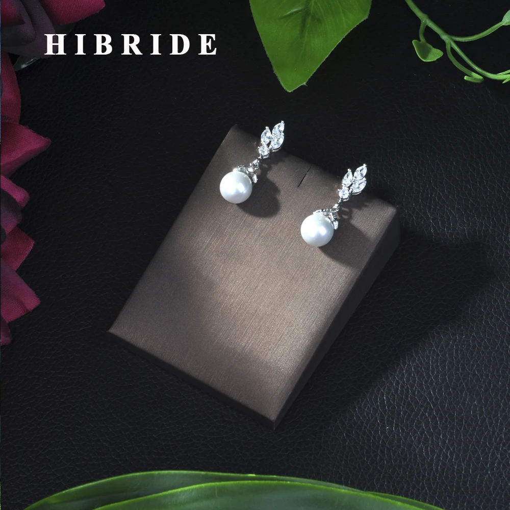 HIBRIDE Fashion Freshwater Pearl Earrings Cubic Zirconia Stone White Gold Color Earrings for Women Engagement Jewelry Gift E-11