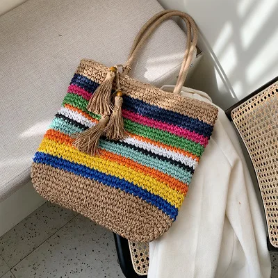 

B10146 New bag women 2020 summer new western casual shoulder bag fashion straw large capacity bucket handbags tote popular purse, Colorful