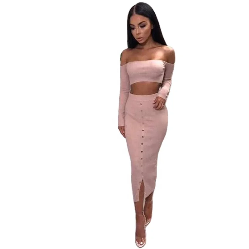 

Off the shoulder low cut modern women skinny blouse and skirt dress