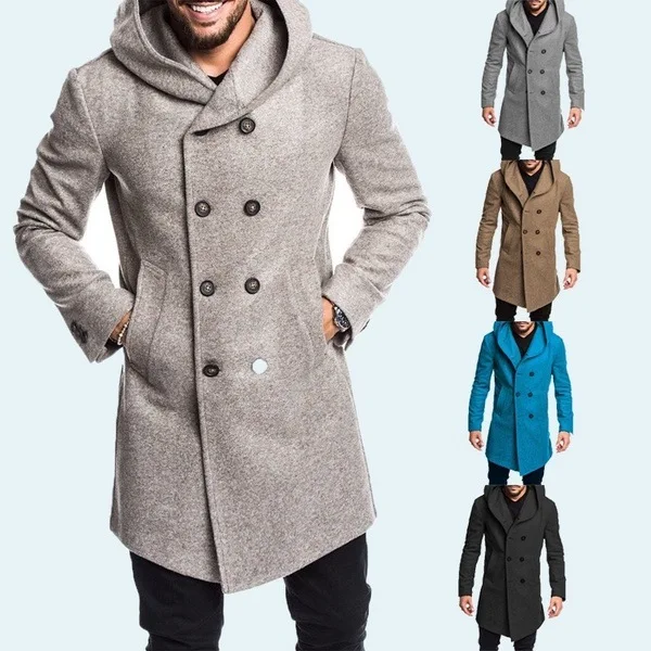 

6 colors New Men's Fashion Long Trench Coat Fleece Hooded Woolen Jacket Men's Overcoat, As shown