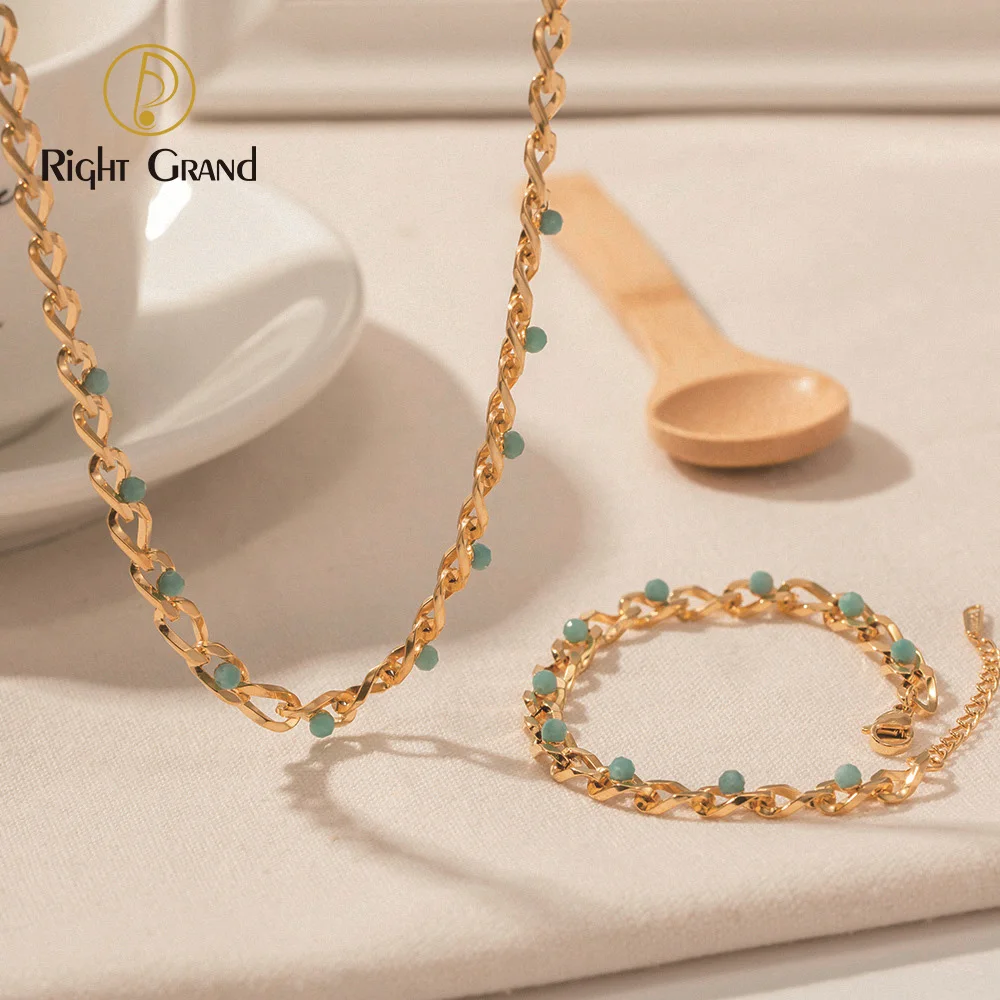 

Romantic beach 18k stainless steel Amazonite Necklace Gold Plated Stainless Steel Women's Necklace Bracelet Set