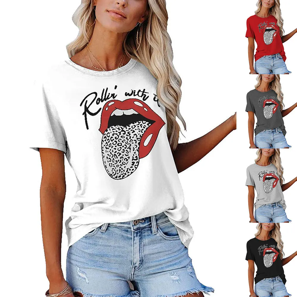 

2021 New Factory Made Hot Sale Leopard Print Red Lips Pattern Printed Round Neck Short Sleeve T-shirt Loose Casual T-shirt