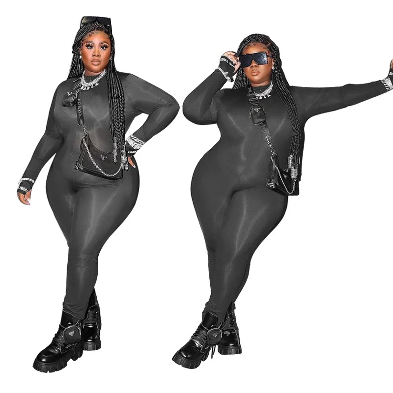 

2021 autumn women's jumpsuit solid color high-neck slim fashion letter printing plus size jumpsuit
