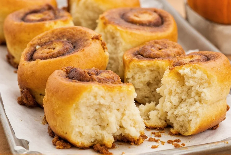 Freshly baked pumpkin cinnamon buns with cream cheese glaze drizzled on top