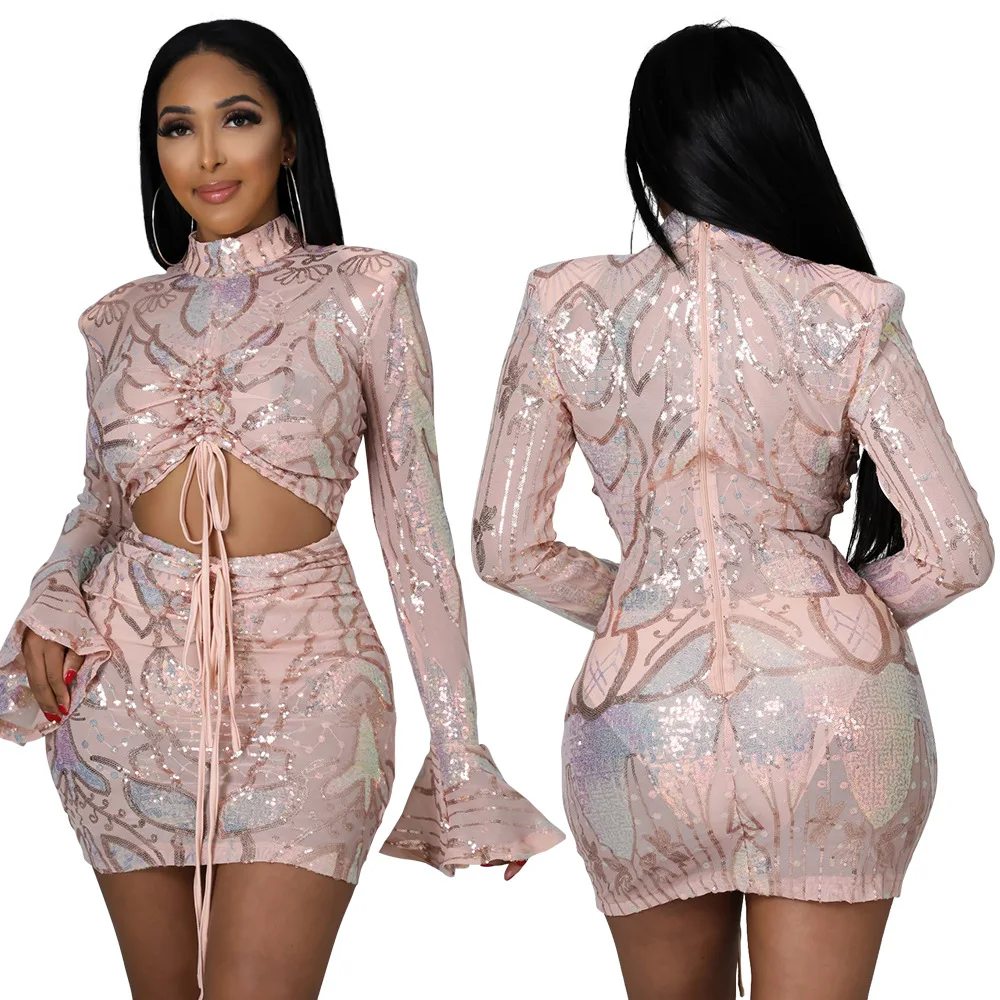 

party hollow out one piece sequin birthday dress for women casual sexy club wear bodycon mini dress, Pink and black