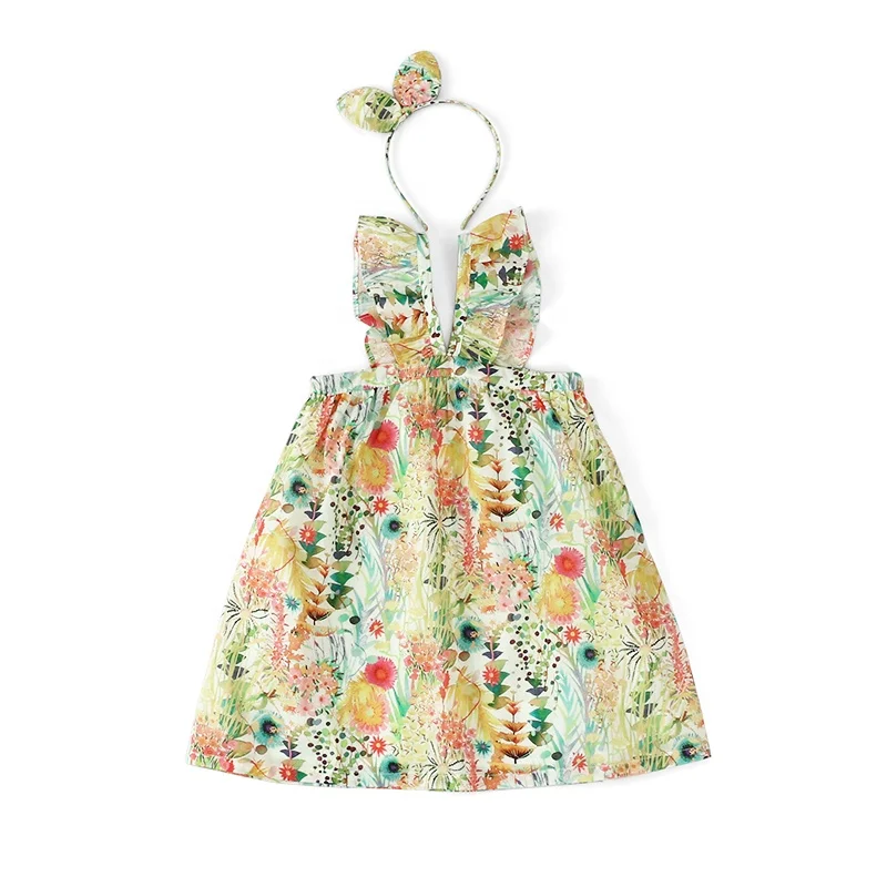 

Vogue Sunshine Flower Printed Cotton Soft Breathable Sling Ruffle Floral Dress for Baby Girls Summer with Bow Headband, As picture shows