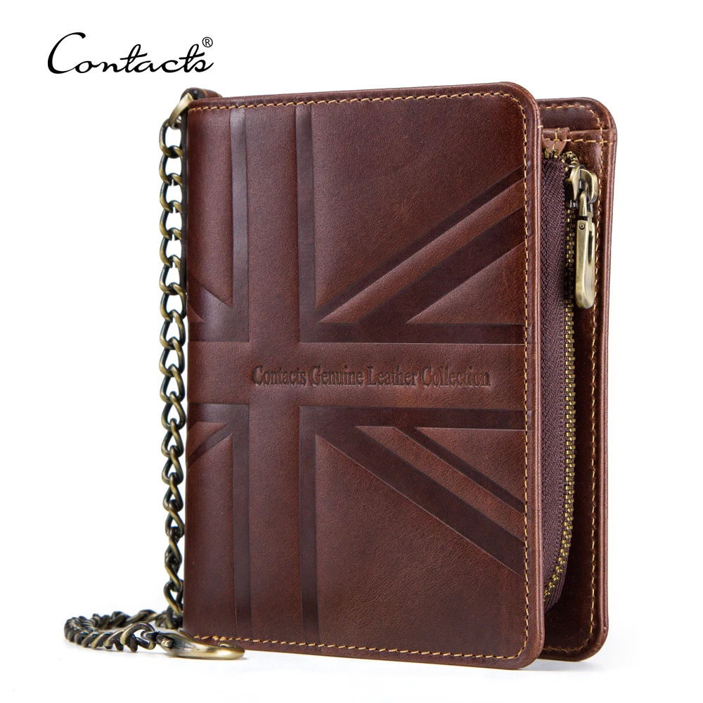 

dropship contact's durable vintage crazy horse leather rfid blocking genuine leather bifold men chain wallet with zipper pocket, Coffee