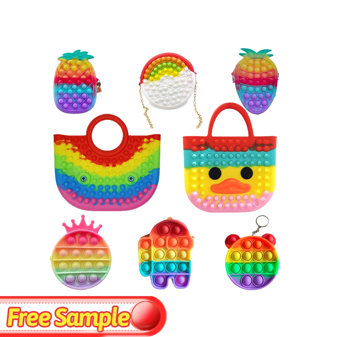 

2021 Trendying Crossbody Mini Kids Coin Purse Shoulder Silicone Zipper Pencil Hand Bag Tote Fidget Pop Its Bag, So many colors for you to choose