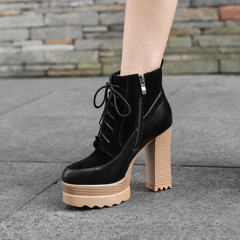 

2020 New Women Short Plush Platform Boots Side Zipper Chunky Heels Shoes Boot, Black/grey/apricot