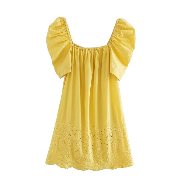

Q428 Summer Ladies Yellow Color Square Neck Embroidery Puff Sleeve Cotton Dress Women Casual Dresses Clothing