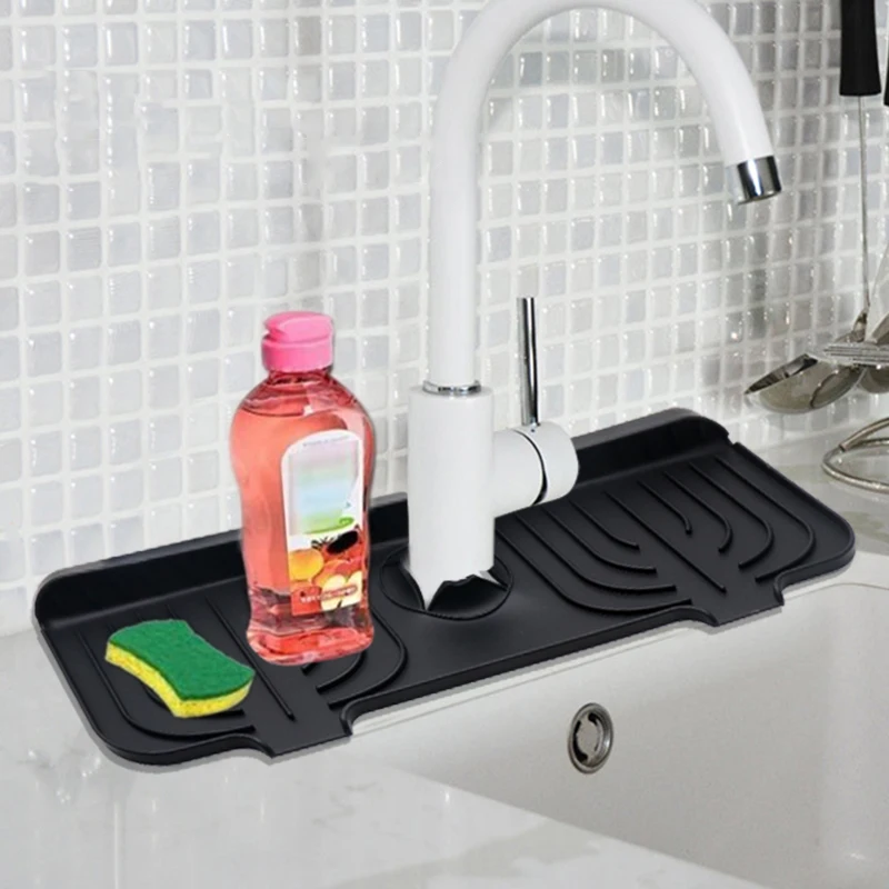 

Kitchen Sink Splash Guard Faucet Handle Drip Catcher Tray Self-Draining Silicone Faucet Mat for Kitchen Sink Protector