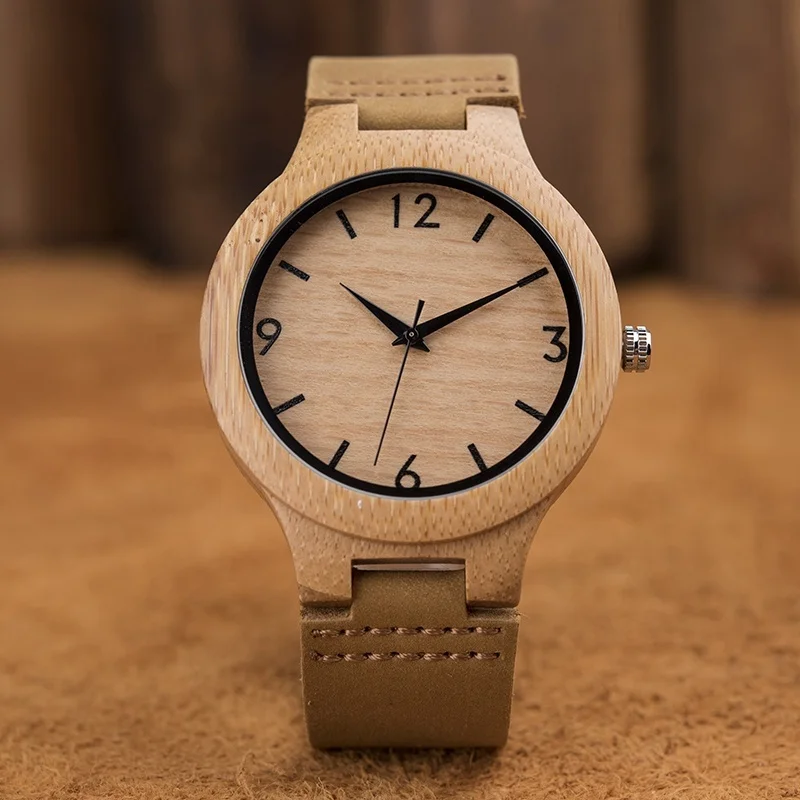 Vintage Fashion Quartz Wood Watch OEM for Men Leather Strap Natural Handmade Bamboo Case with Pointer Dial and Custom Logo