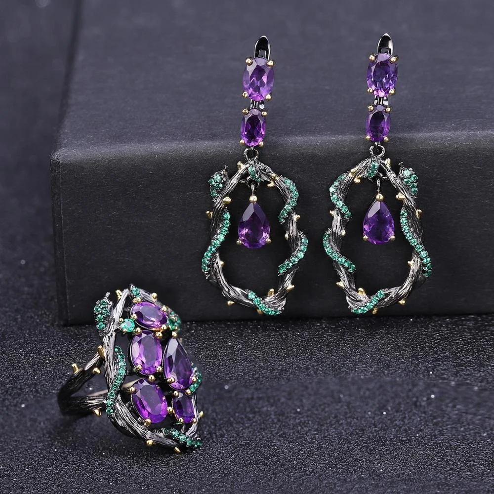 

Abiding Ring Earring Set Handmade Snake Hollow Natural Amethyst Gemstone 925 Sterling Silver Jewelry Sets For Women Bridal