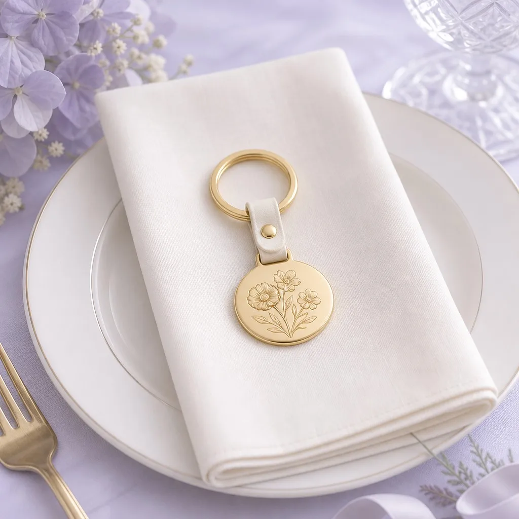 Wedding keychain as a guest favor on a table