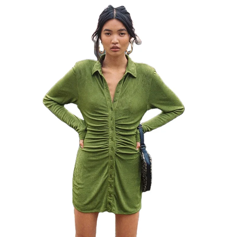 

Casual Long Sleeve Mini Dress Female Women Enegant Party Street Autumn Stack Design Flannel Pleated Bodycon Dresses