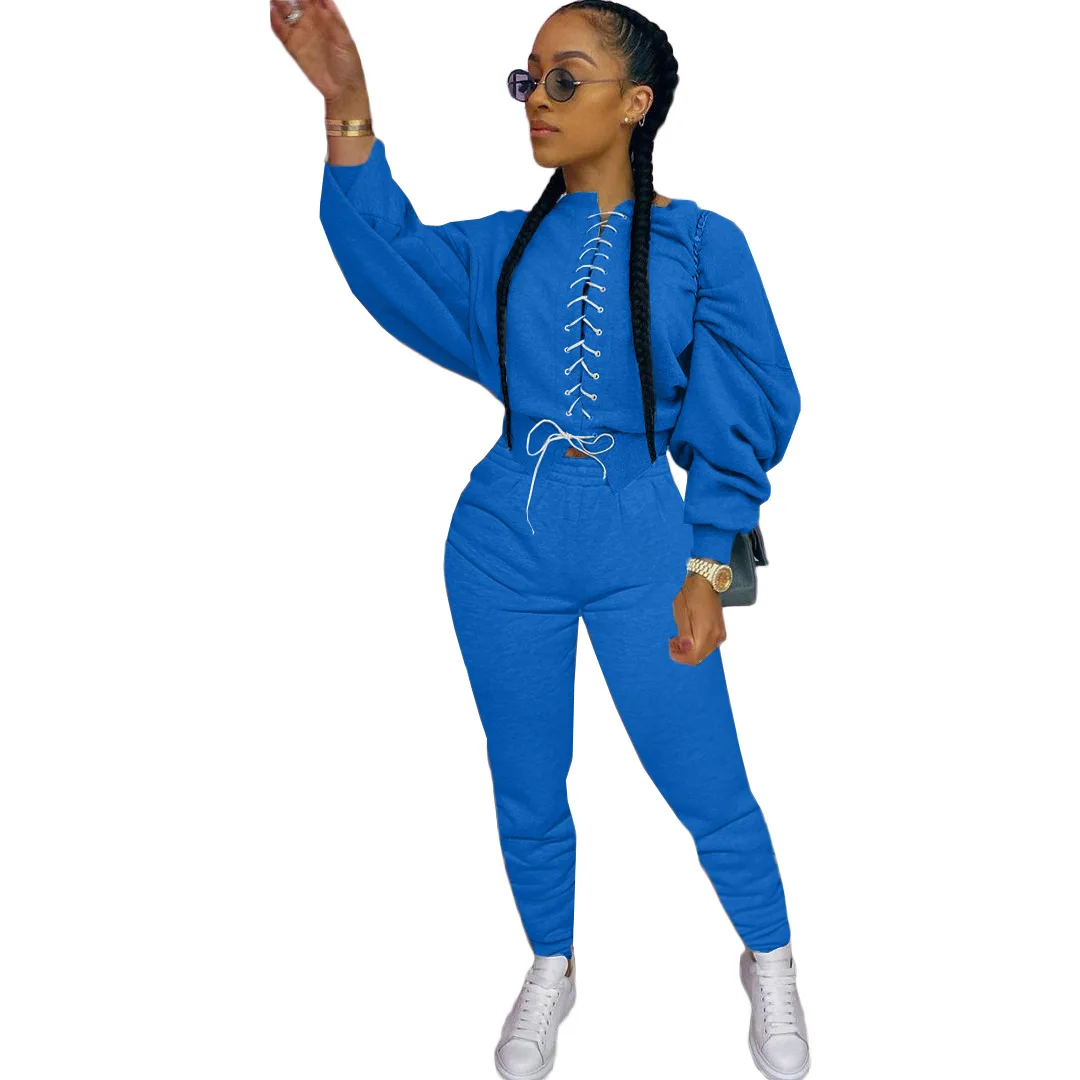 

2021 Winter Autumn Casual Solid Color Women Tracksuit Set Baggy Sweat Suits For Ladies Fleece Bandage 2 Pc Two Piece Pants Set