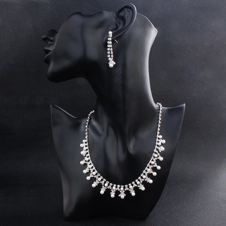 

Luxury Women Jewelry Necklace Earings Set Crystal Zircon Pearl Wedding Bridal Jewelry Sets (SK1175), As picture