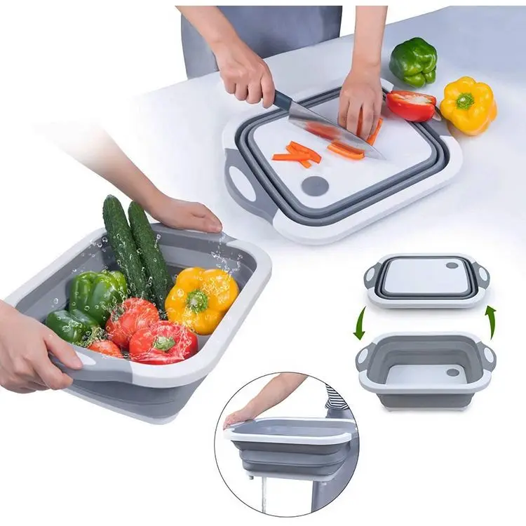 

3 in 1 Multi-function Custom Kitchen Collapsible Cutting Board Storage Basket with Dish Tub