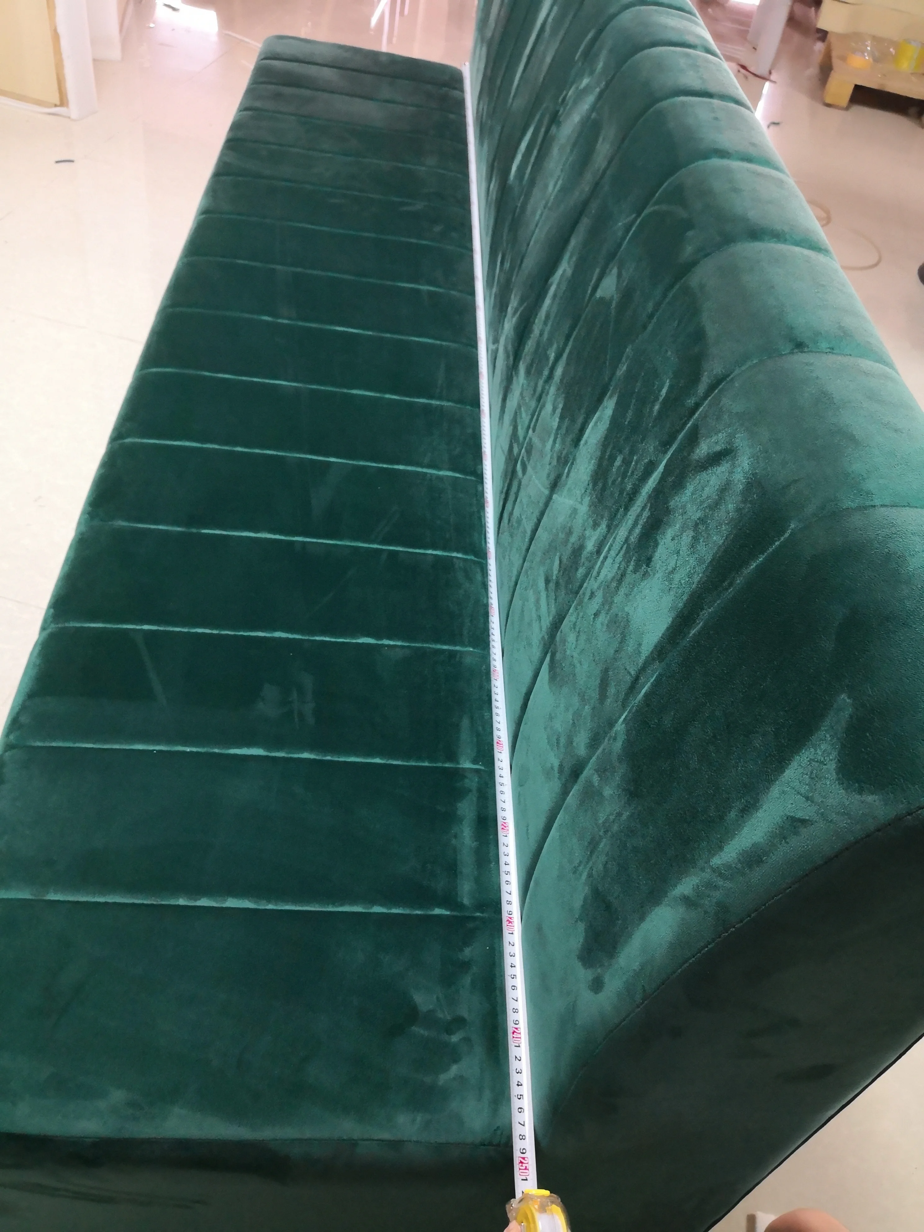 
Green velvet restaurant sofa booth seating custom make Long wall bench gold base restaurant furniture 