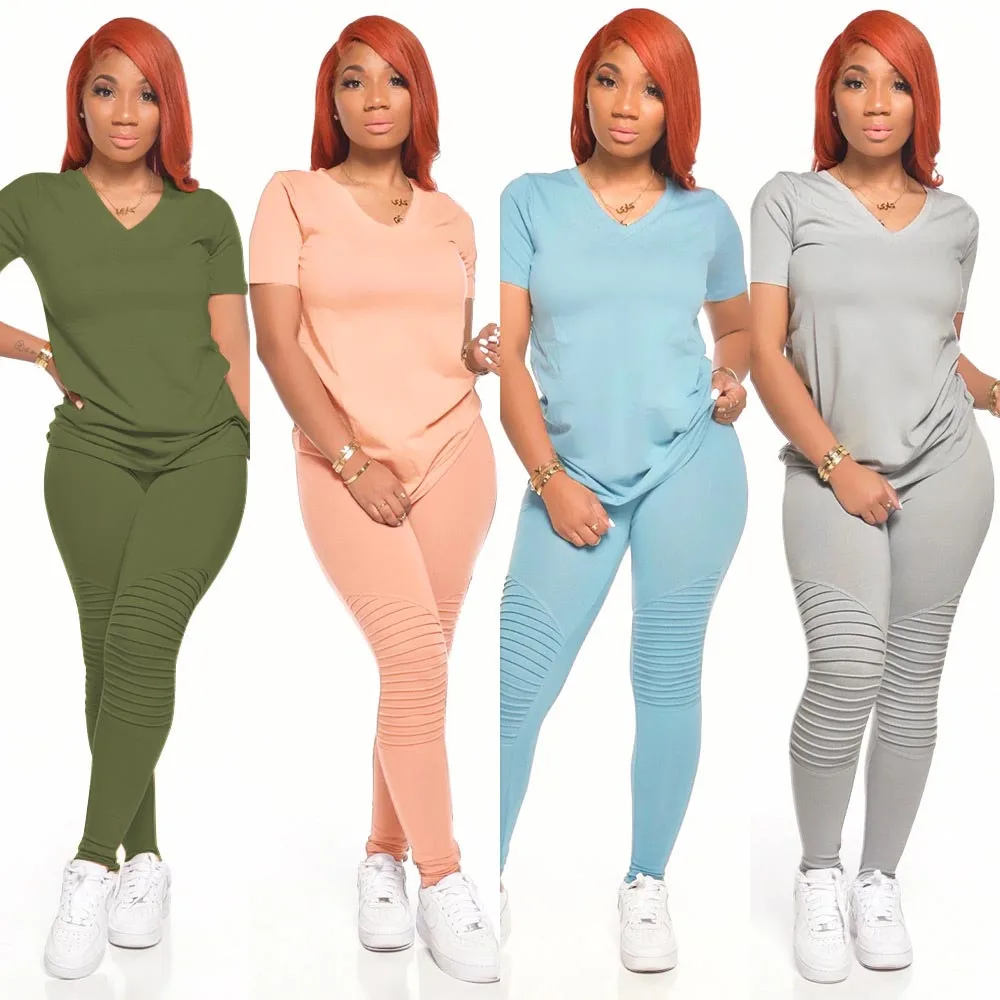 

popular clothing stacked pants 2 pieces set women outfit, Pink, green,. blue, gray