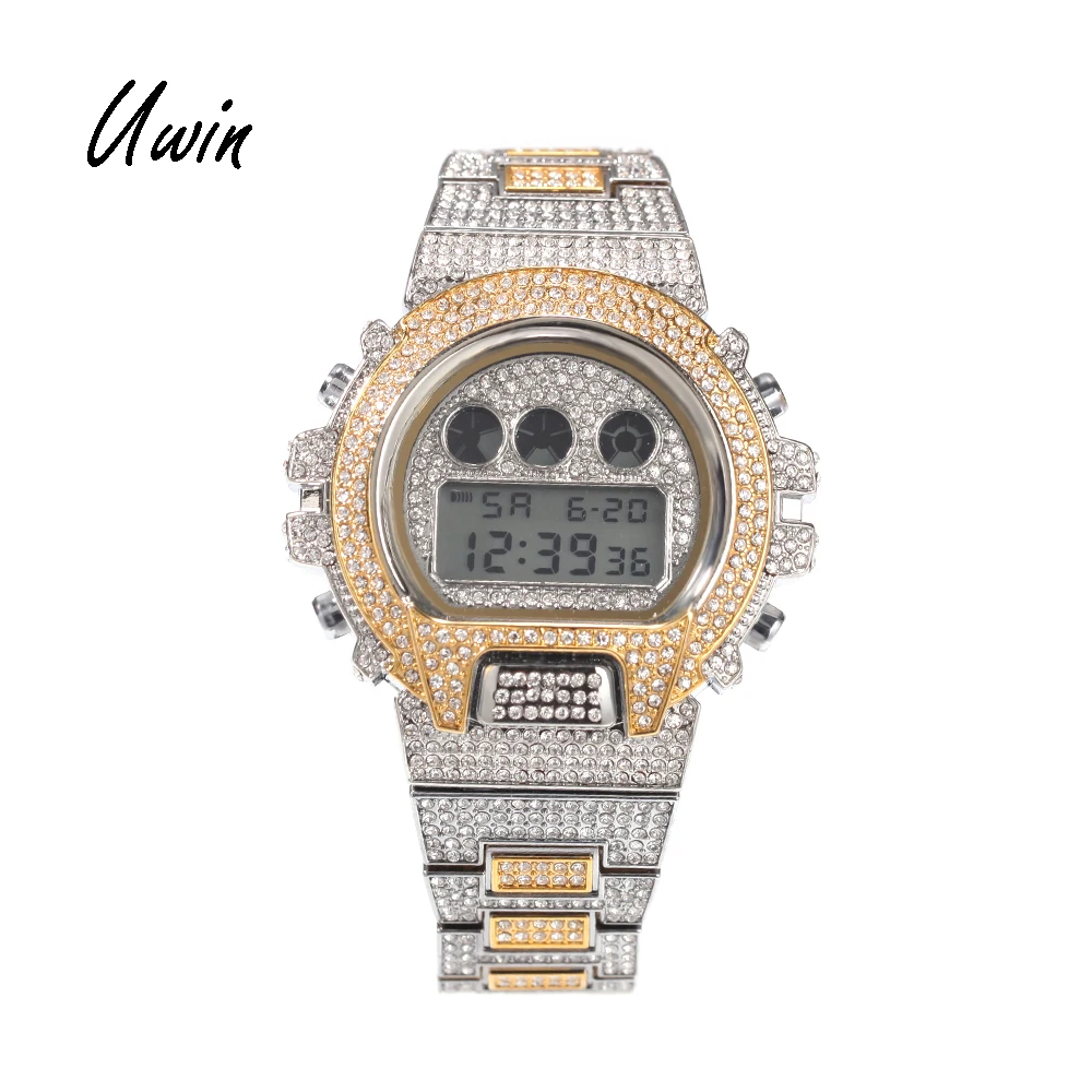 

UWIN Iced Out Men Wrist Luxury Digital Watches Full CZ Hand Watches Rapper Jewelries, Gold, silver, rose gold, black