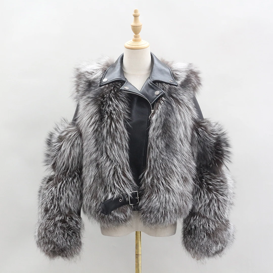 2020 冬季真实动物皮毛女士外套夹克拼接真皮奢华妇女银色狐狸毛外套