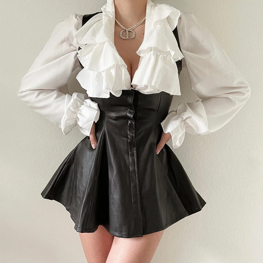 

Nibber K21D01630 Y2K Faux Leather Mini Party Dress For Women Summer Solid Fashion Sexy Sleeveless Clubwear Bodycon Skinny Dresse