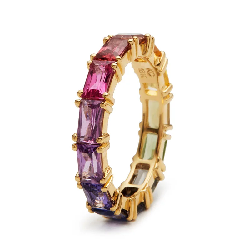 

New Design Brass 18K Gold Plated Colorful CZ Wedding Finger Rings Baguette Rainbow Cubic Zircon Ring