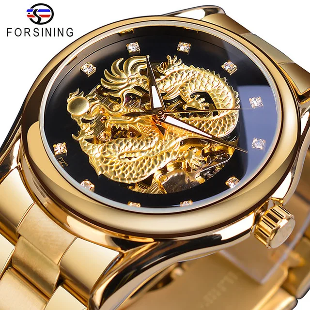 

Forsining Men Top Brand Luxury Classic Dragon Design Silver Stainless Steel Diamond Display Men Automatic Wrist Watches Clock, 7-colors