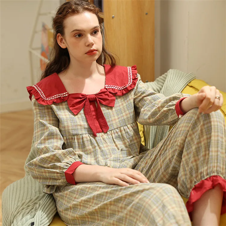 

Wholesale Women's Cotton Sleepwear Pyjamas Set Casual Lounge Wear 100% Cotton 2PCS Homewear Suit Korean Sleepwear