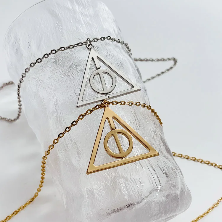 

18 k gold plated Harry Potter Resurrection Rotatable Triangle Necklace, Gold silver