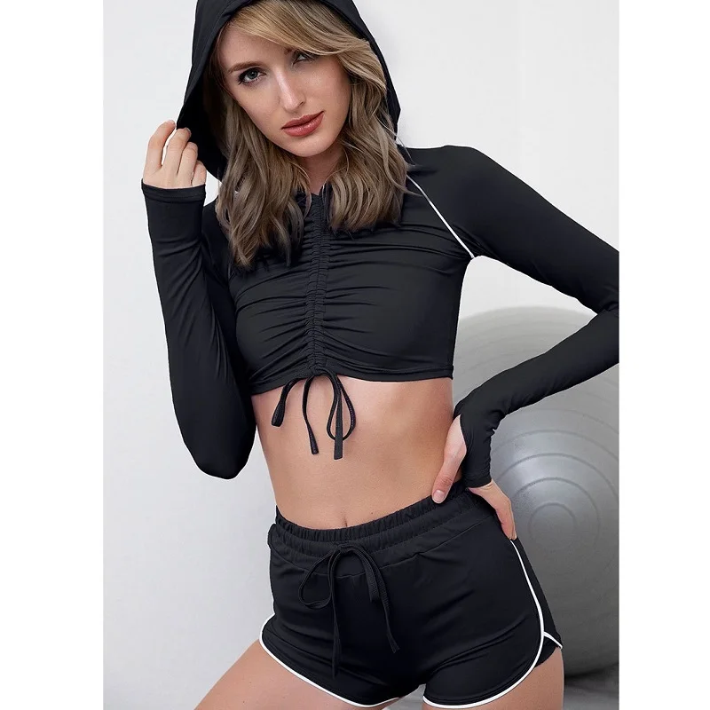 

2021 new arrivals Lace-up hooded long-sleeved shorts leisure suit sports fitness yoga two-piece sets