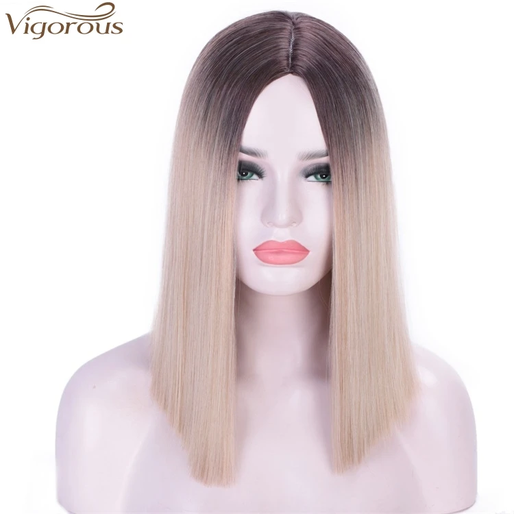 

Vigorous Short Straight Bob Hair Synthetic Wigs For Women 2 Tone Ombre Color Wigs Glueless Natural-Looking Cosplay Wig, Ombre light auburn